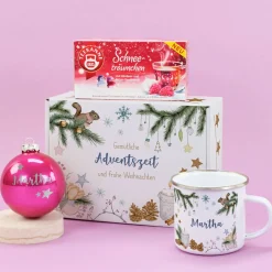 Gemütliche Weihnachten - Geschenkset mit Christbaumkugel, Tee, Emailletasse und Geschenkbox