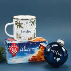 Gemütliche Weihnachten - Geschenkset mit Christbaumkugel, Tee, Emailletasse und Geschenkbox