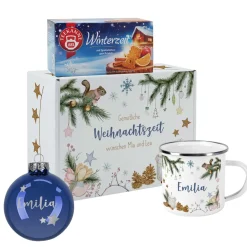 Gemütliche Weihnachten - Geschenkset mit Christbaumkugel, Tee, Emailletasse und Geschenkbox