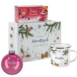 Gemütliche Weihnachten - Geschenkset mit Christbaumkugel, Tee, Emailletasse und Geschenkbox