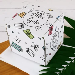 Geschenkbox 'Alles Gute' für Tassen und andere Kleinigkeiten mit bunten Motiven
