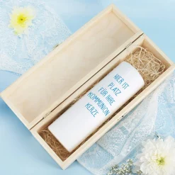 Geschenkbox für Kommunionkerzen - mit Name und Datum in drei Farben zur Auswahl