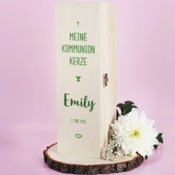 Geschenkbox für Kommunionkerzen - mit Name und Datum in drei Farben zur Auswahl