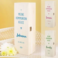 Geschenkbox für Kommunionkerzen - mit Name und Datum in drei Farben zur Auswahl
