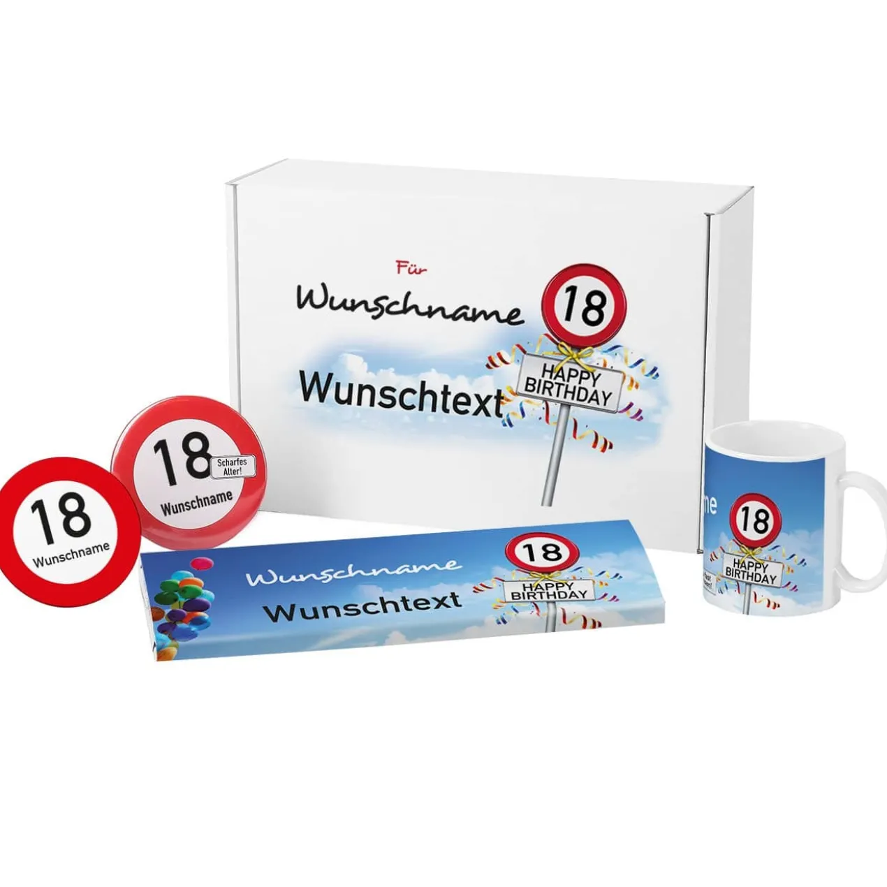 Geschenkbox zum 18. Geburtstag mit Verkehrszeichenmotiv