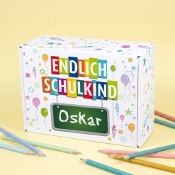 Geschenkkarton zur Einschulung personalisiert mit Name | Endlich Schulkind | 3 Größen