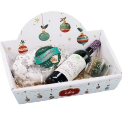Geschenkkorb - Christbaumkugeln - mit Glühwein, Stollen und graviertem Glas