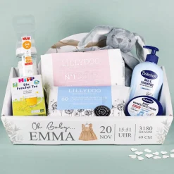 Geschenkkorb mit Aufdruck als Geschenk zur Geburt