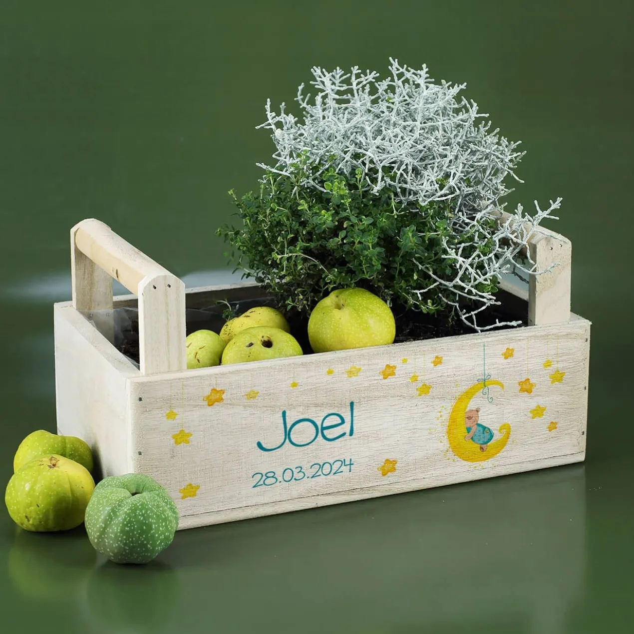Geschenkkorb mit Mond, Sternen und Teddymotiv für Jungen und Mädchen