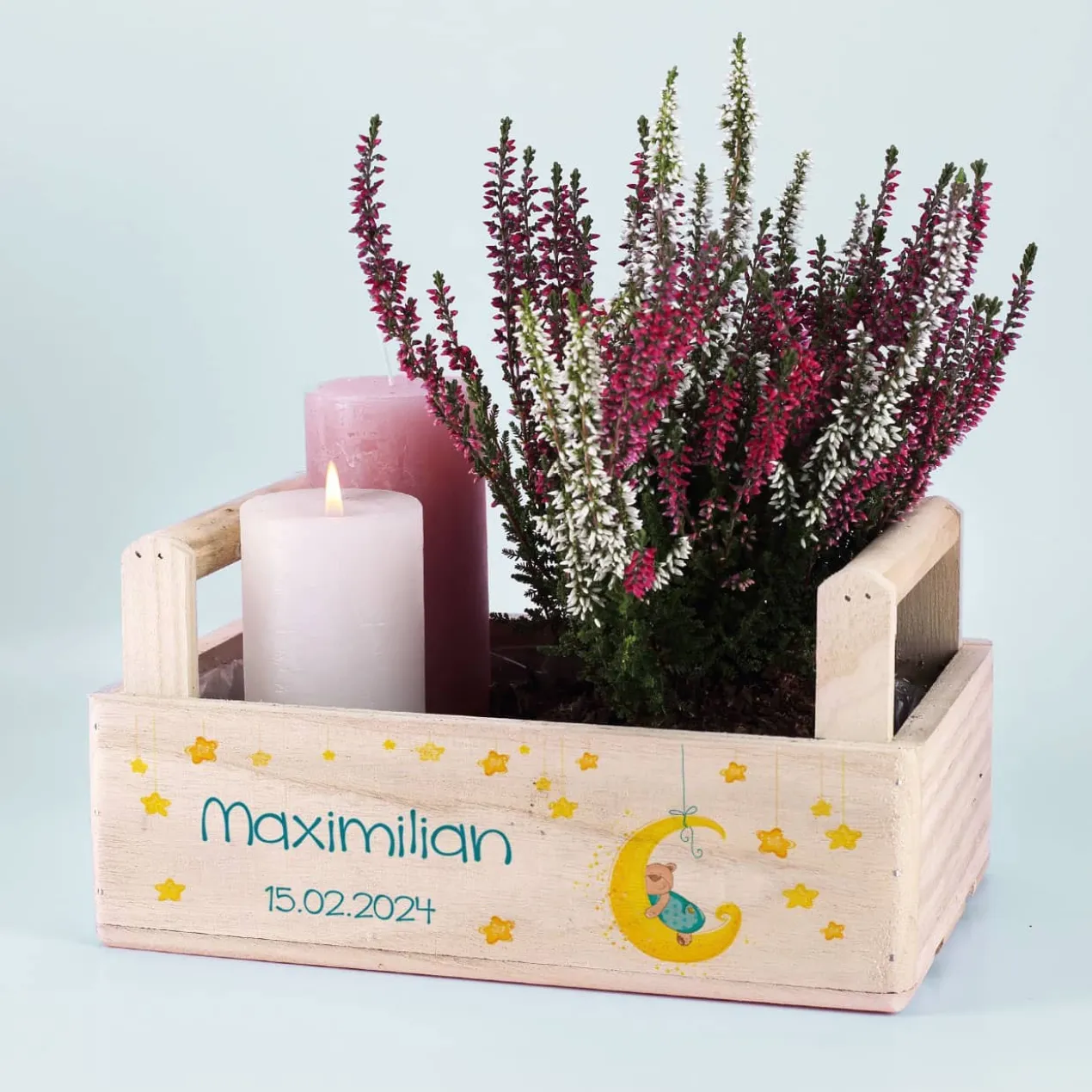 Geschenkkorb mit Mond, Sternen und Teddymotiv für Jungen und Mädchen