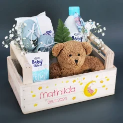 Geschenkkorb mit Mond, Sternen und Teddymotiv für Jungen und Mädchen