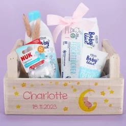 Geschenkkorb mit Mond, Sternen und Teddymotiv für Jungen und Mädchen