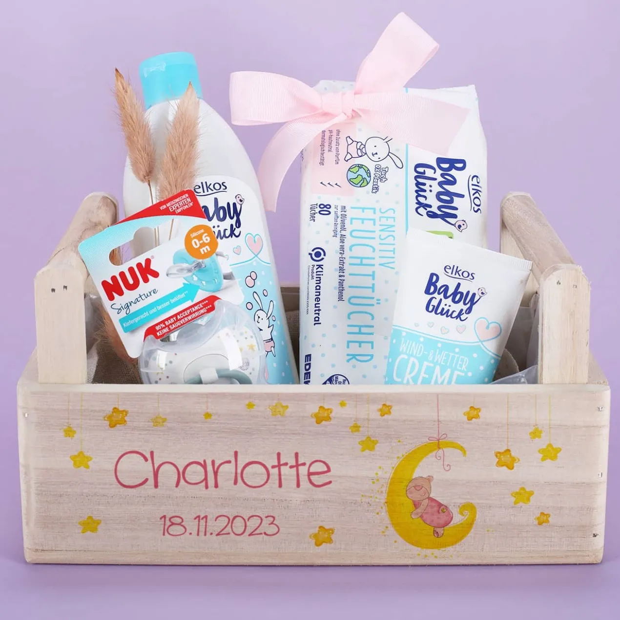 Geschenkkorb mit Mond, Sternen und Teddymotiv für Jungen und Mädchen
