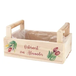 Geschenkkorb personalisiert für Osternest mit Tulpenmotiv | Pflanzkiste aus Holz mit Wunschtext