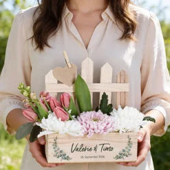 Geschenkkorb & Pflanzkorb zur Hochzeit | Personalisierter Korb aus Holz als Hochzeitsgeschenk | Eukalyptus