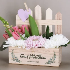 Geschenkkorb & Pflanzkorb zur Hochzeit | Personalisierter Korb aus Holz als Hochzeitsgeschenk | Eukalyptus