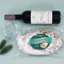 Geschenkkorb - Schleife - mit Glühwein, Stollen und graviertem Glas