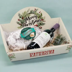Geschenkkorb - Weihnachtskranz - mit Glühwein, Stollen und graviertem Glas