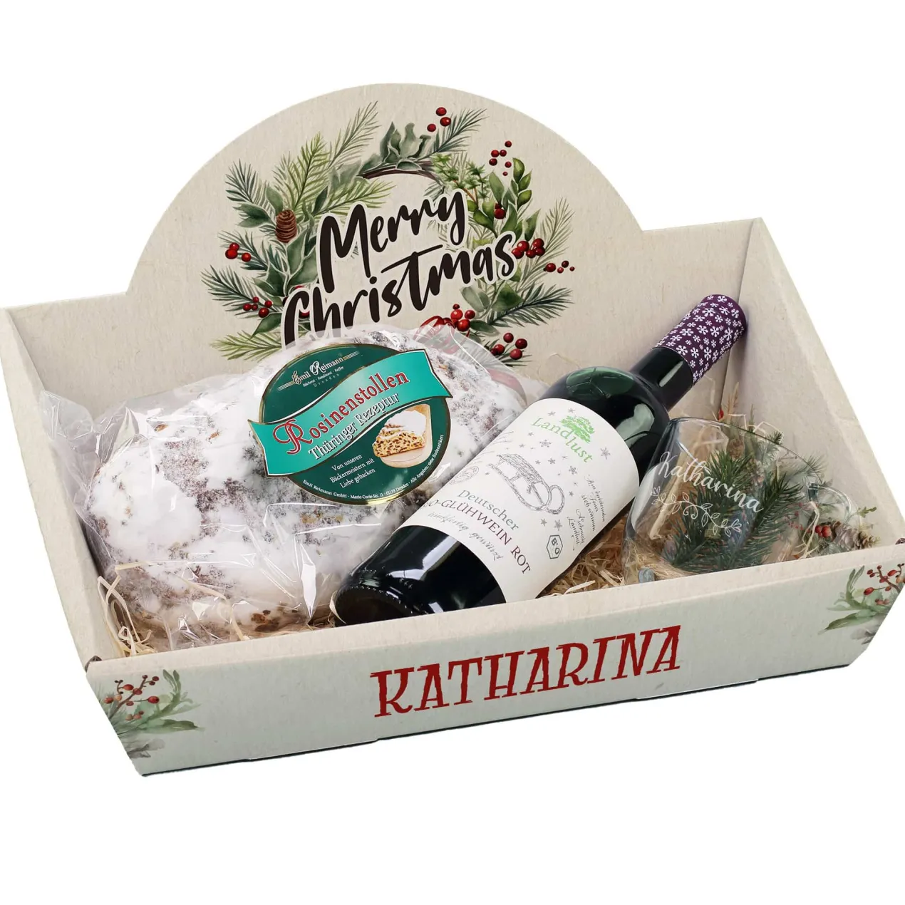 Geschenkkorb - Weihnachtskranz - mit Glühwein, Stollen und graviertem Glas