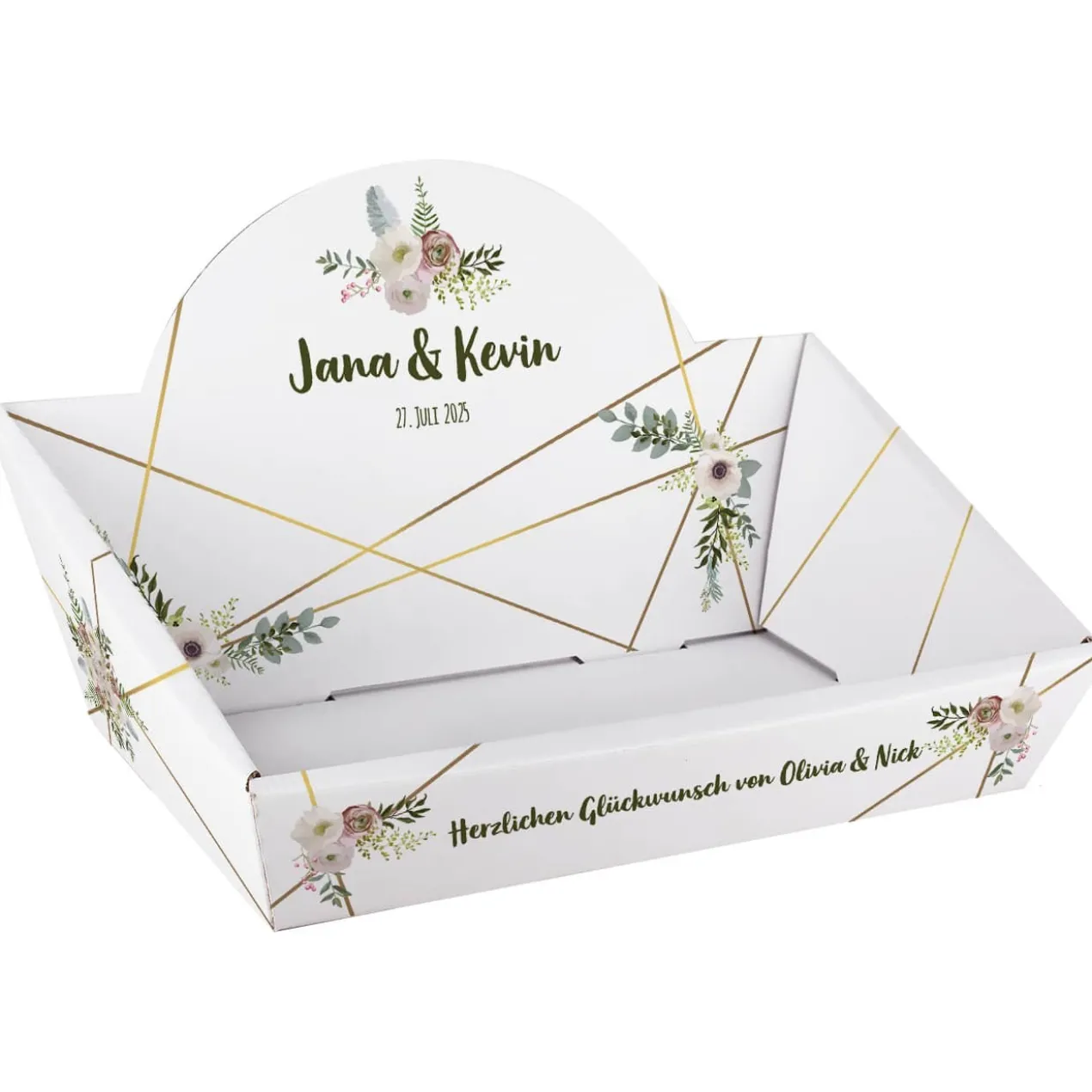 Geschenkkorb zur Hochzeit mit Blüten und Wunschtext, 2 Größen wählbar