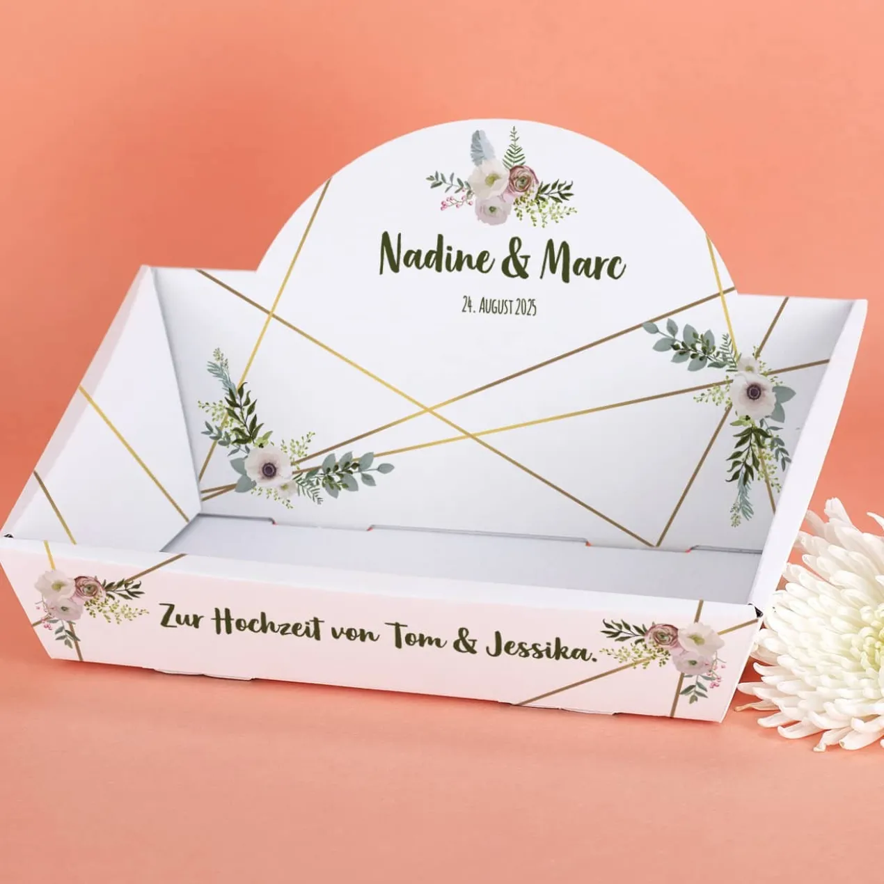 Geschenkkorb zur Hochzeit mit Blüten und Wunschtext, 2 Größen wählbar
