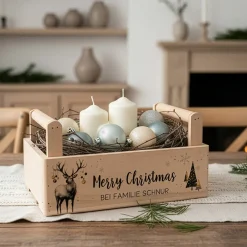 Geschenkkorb zu Weihnachten mit Hirschmotiv - personalisiert mit Wunschtext | Pflanzkiste aus Holz