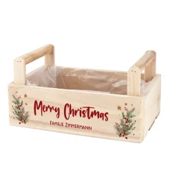 Geschenkkorb zu Weihnachten mit festlichem Motiv personalisiert mit Wunschtext | Pflanzkiste aus Holz