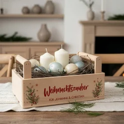 Geschenkkorb zu Weihnachten mit festlichem Motiv personalisiert mit Wunschtext | Pflanzkiste aus Holz