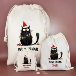 Geschenksack zu Weihnachten personalisiert mit Name | Katzen-Motiv | 3 Größen