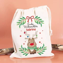 Geschenksack zu Weihnachten mit Rentiermotiv und Name