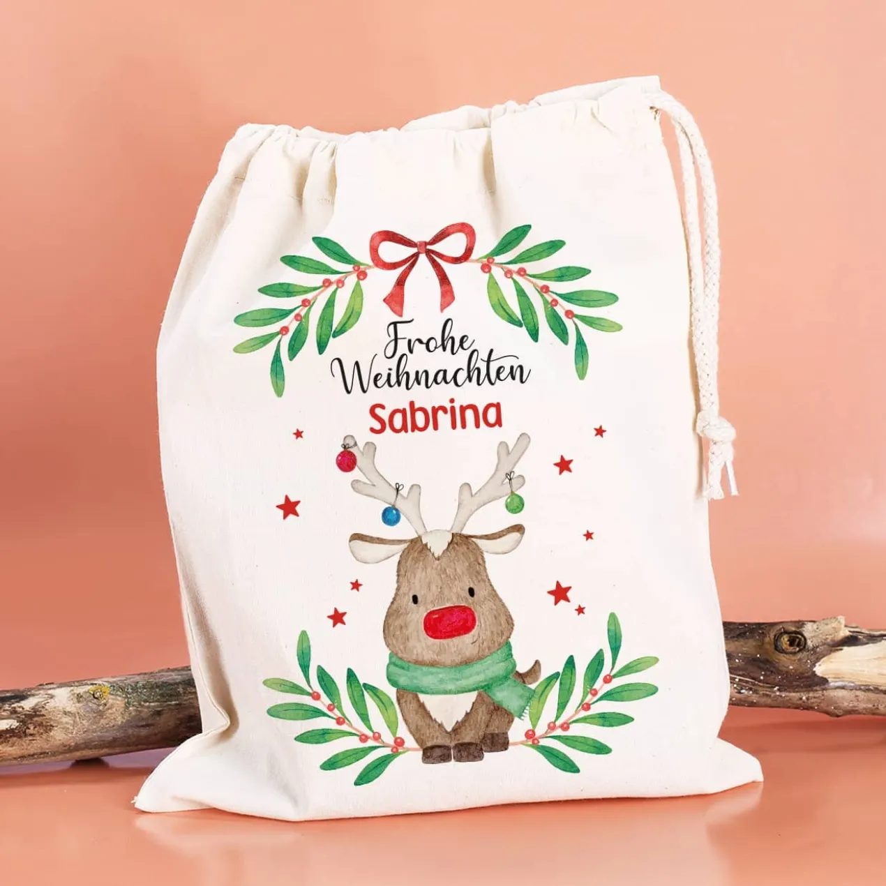 Geschenksack zu Weihnachten mit Rentiermotiv und Name