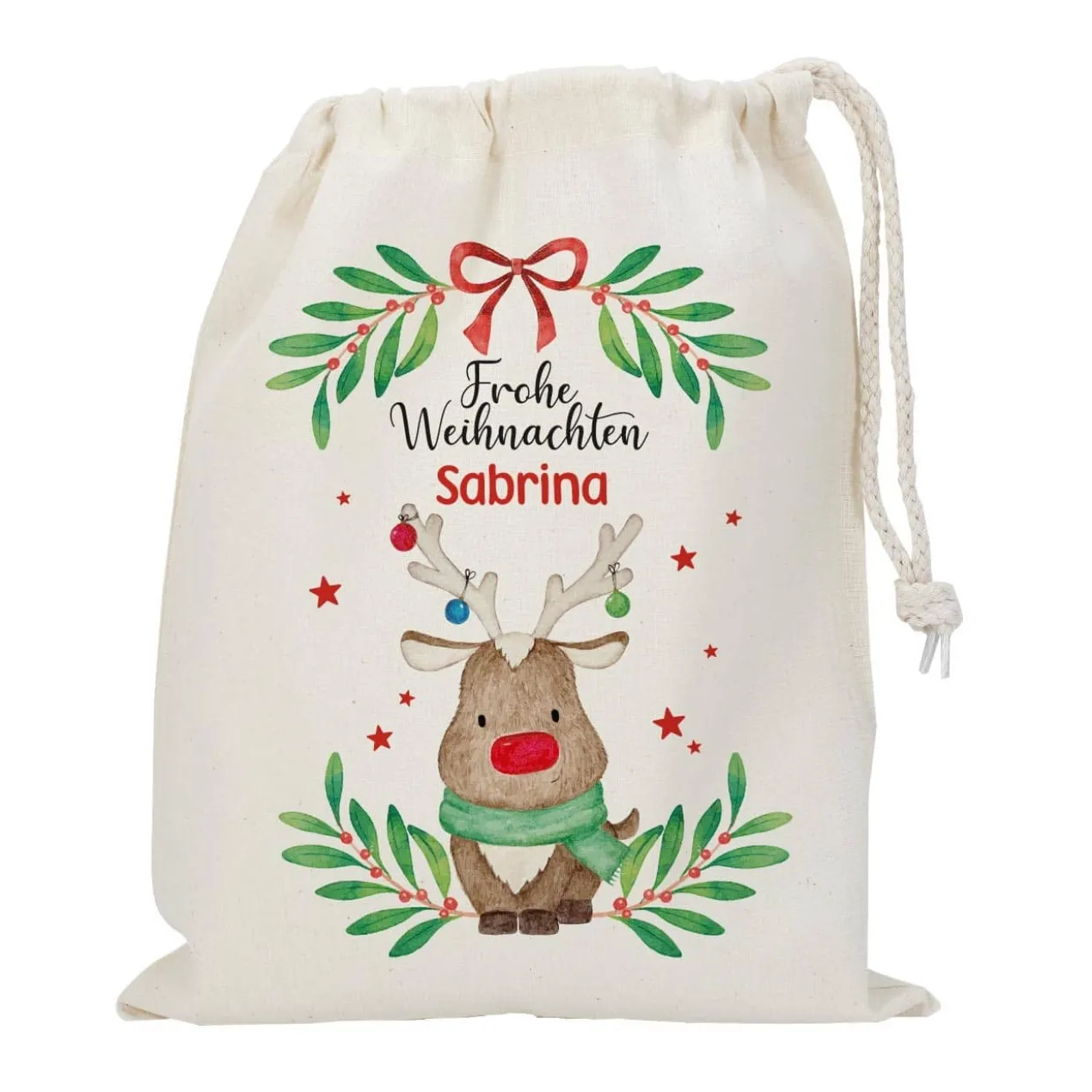 Geschenksack zu Weihnachten mit Rentiermotiv und Name