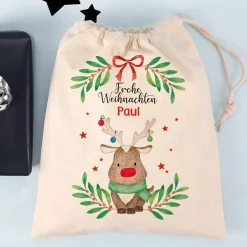 Geschenksack zu Weihnachten mit Rentiermotiv und Name