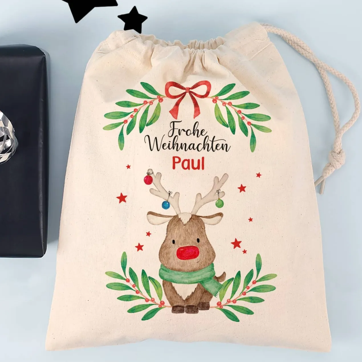 Geschenksack zu Weihnachten mit Rentiermotiv und Name
