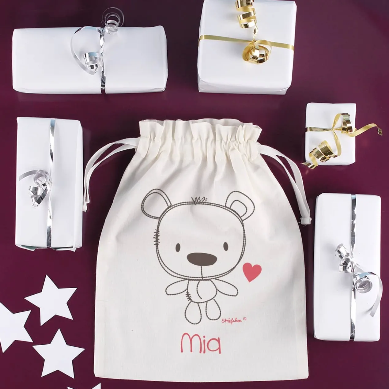 Geschenksäckchen zur Geburt für Mädchen mit Teddymotiv
