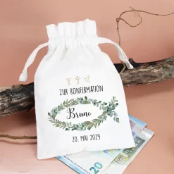 Geschenksäckchen zur Taufe, Kommunion, Konfirmation | Personalisiert | Eukalyptus Fisch