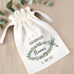 Geschenksäckchen zur Taufe, Kommunion, Konfirmation | Personalisiert | Eukalyptus Fisch