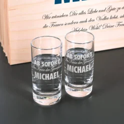 Geschenk-Set aus 5 Flaschen Vodka mit 2 gravierten Vodka-Gläsern in bedruckter Holzkiste