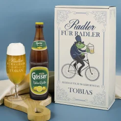 Geschenkset 'Ein Radler' personalisiert mit Name und Text mit Gösser, Bierglas & Geschenkbox