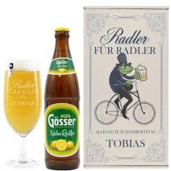 Geschenkset 'Ein Radler' personalisiert mit Name und Text mit Gösser, Bierglas & Geschenkbox
