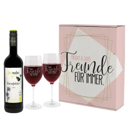Geschenkset "Freunde für immer" in personalisierter Geschenkbox mit Biorebe-Wein und Gläsern