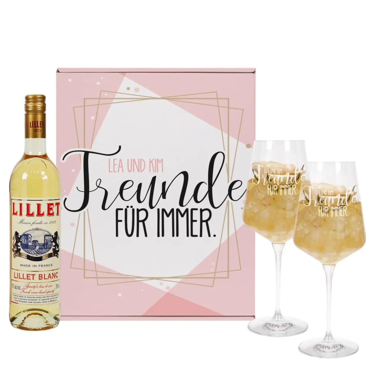 Geschenkset "Freunde für immer" mit zwei Weingläsern, Lillet und persönlicher Box