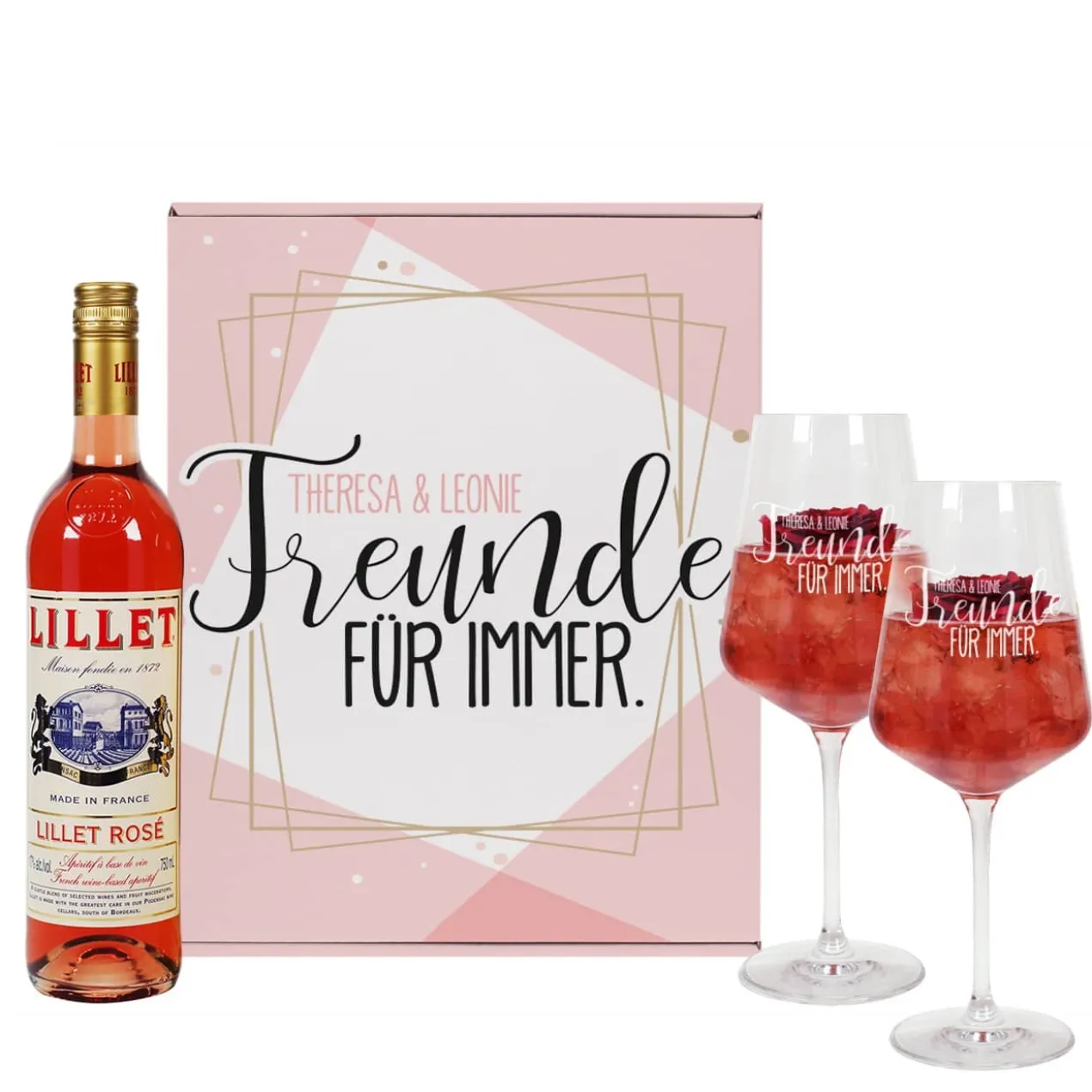 Geschenkset "Freunde für immer" mit zwei Weingläsern, Lillet und persönlicher Box