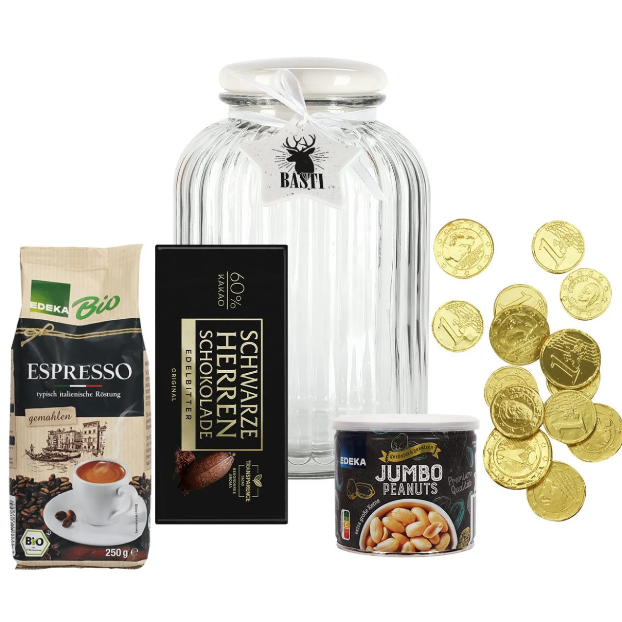 Geschenkset für Männer zu Weihnachten - Espresso, Schokolade und Nüsse in XL Glasdose