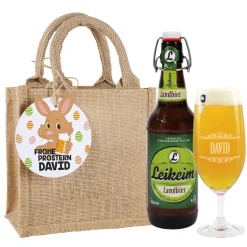Geschenkset - Frohe Prostern - mit Bier und Bierglas in einer Jutetüte
