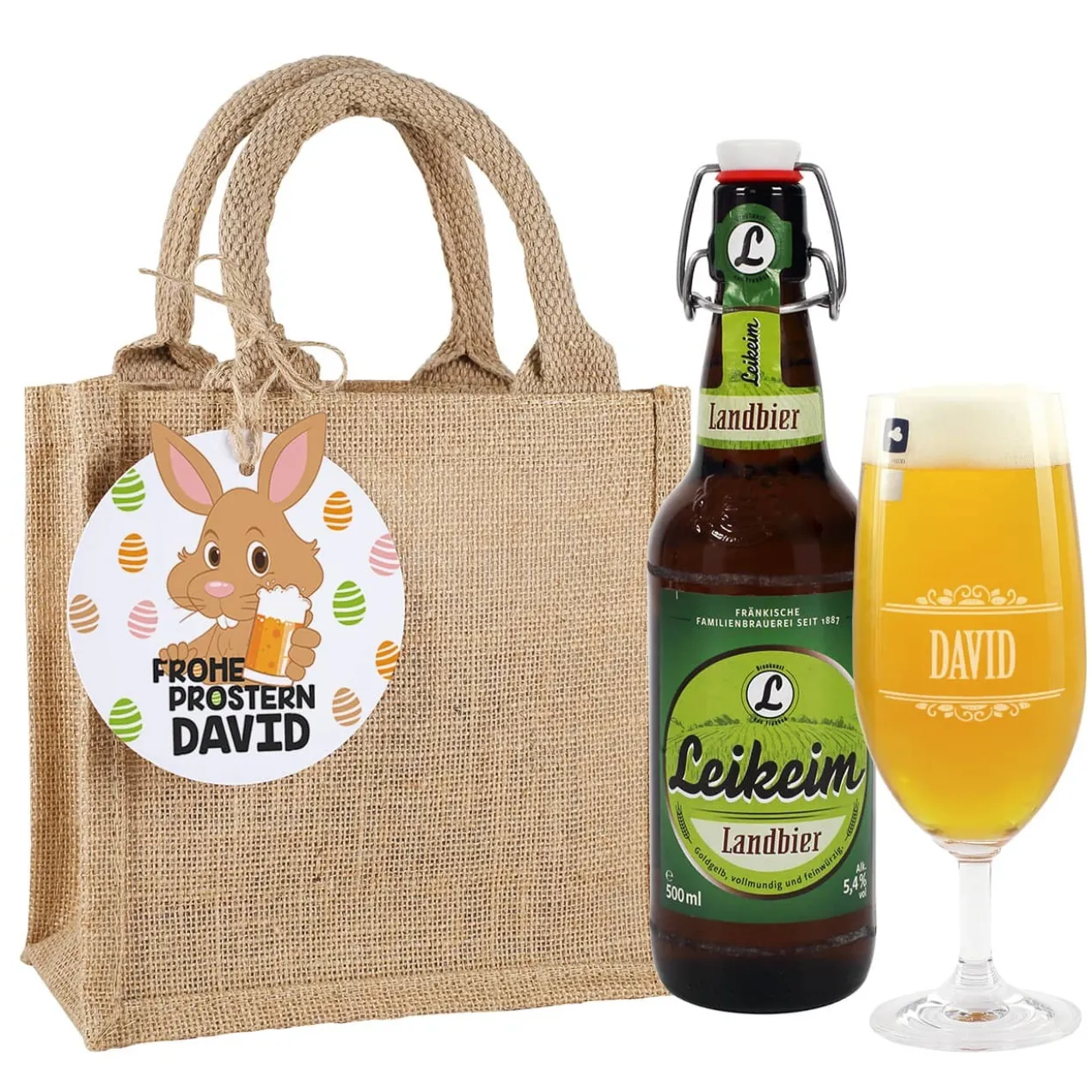 Geschenkset - Frohe Prostern - mit Bier und Bierglas in einer Jutetüte