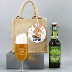 Geschenkset - Frohe Prostern - mit Bier und Bierglas in einer Jutetüte