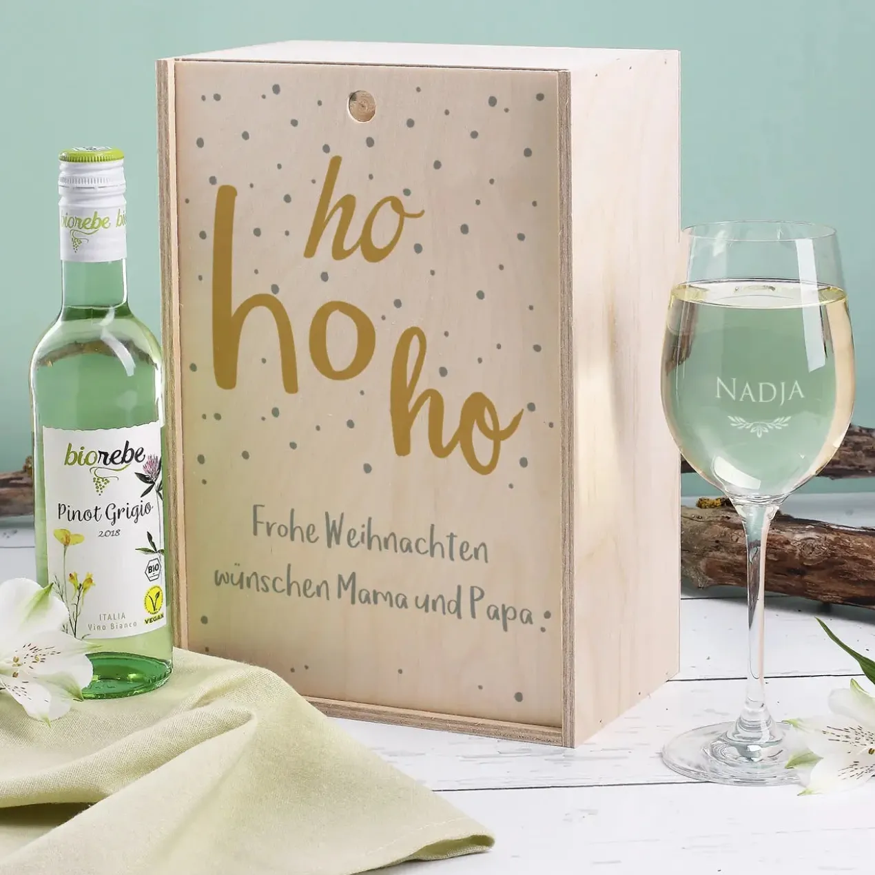Geschenkset Hohoho mit Holzbox, Weinglas und Weinflasche