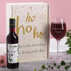 Geschenkset Hohoho mit Holzbox, Weinglas und Weinflasche