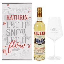 Geschenkset "Let it Snow" zu Weihnachten, mit graviertem Glas und Lillet